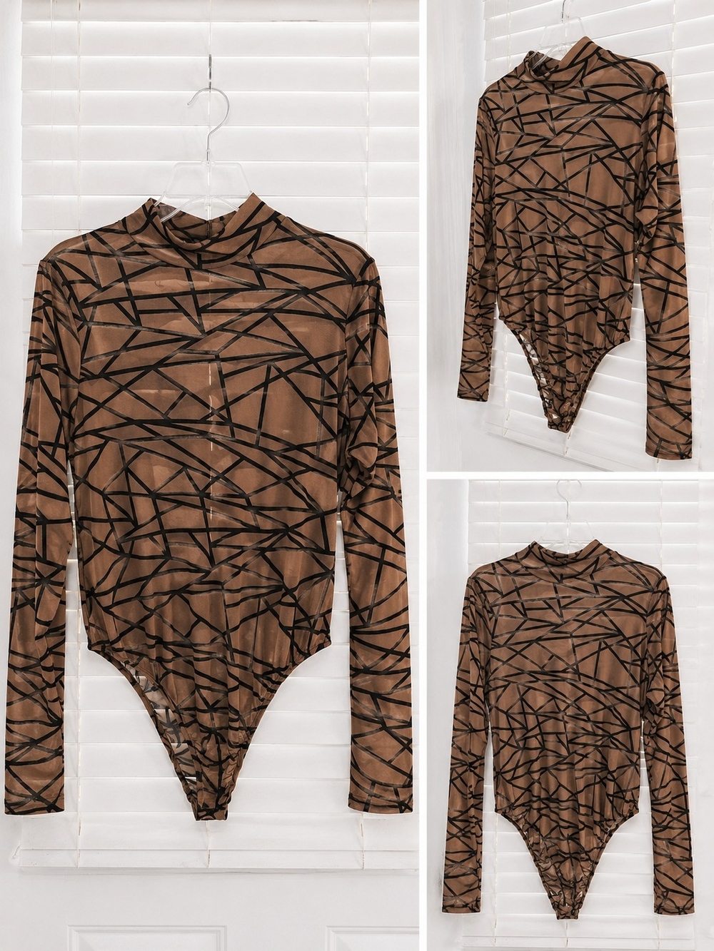Fashion Nova Brown & Black Geometric Long-Sleeve Bodysuit
